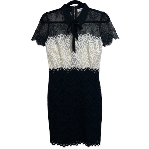 Sandro Rozen Short Sleeve Guipure Lace Mini Dress In Black/Ecru - Picture 6 of 15